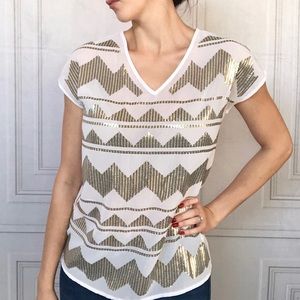 Saks 5th Ave White and Gold Sequin Sheer Blouse